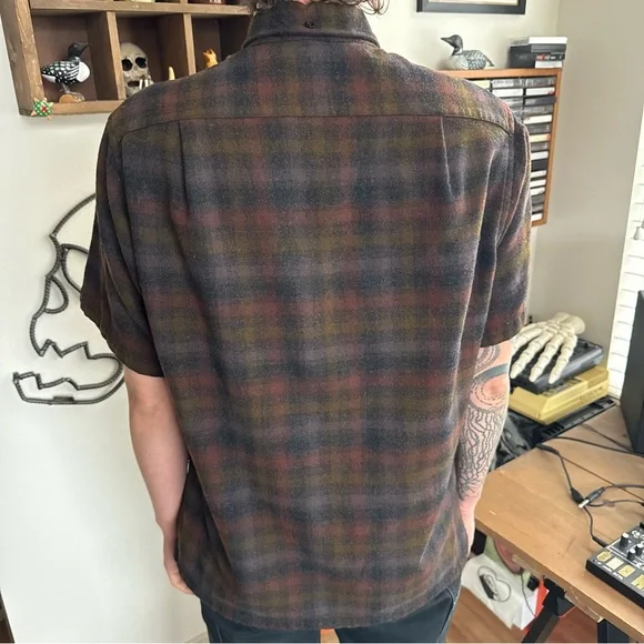 💀 SOLD 💀 Vintage 50s Pendleton Dark Plaid Loop Collar S/S Wool Lodge Shirt ~ M - Picture 7 of 8